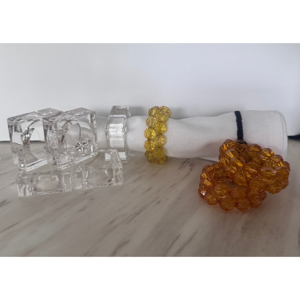 Set of 8 Napkin Rings Clear Square Acrylic and Beaded Amber Yellow Jewel Style